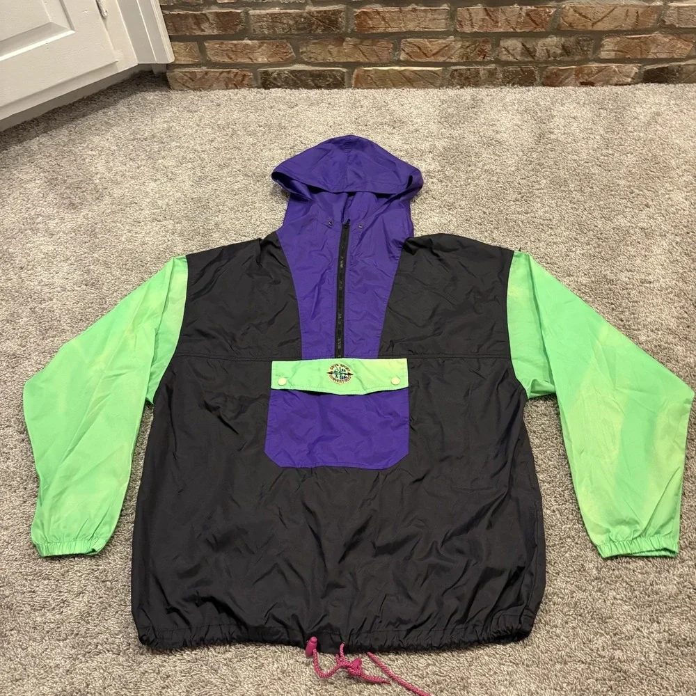 Vintage Skyr Jacket Mens XL Black Purple Green Anorak Color Windbreaker Outdoor